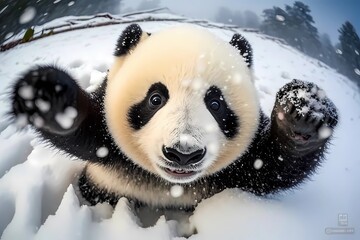 Highly defined macrophotography selfie of a cute superb panda under snow - Generated by Generative AI