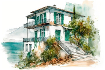 Fototapeta na wymiar A watercolor painting of a house by the ocean. Generative AI.