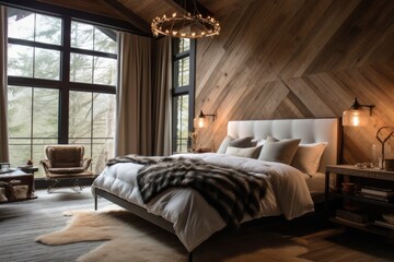 Modern rustic cozy dreamy bedroom with reclaimed wood accents, cozy textiles, and a statement chandelier, blending contemporary design with natural warmth - Generative AI