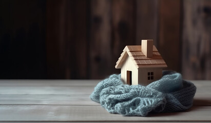 Figure of House and Warm Scarf on Wooden Table and a Copy Space: AI Generated Image 