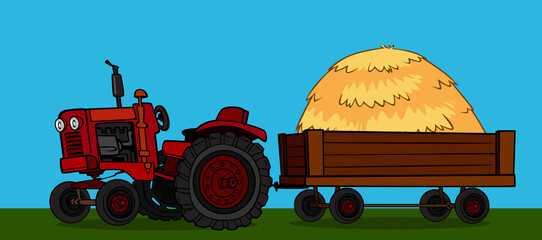 cartoon red farm tractor with hay trailer illustration stock image on sky background