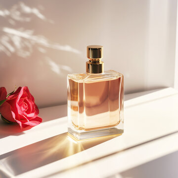 Bottle of perfume with flowers on studio background with rays of light. Generative AI