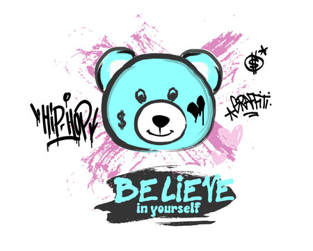 Hand drawing bear illustration vector and grunge slogan
