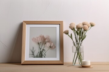 interior decor featuring a photo frame and a flower on a table. Generative AI