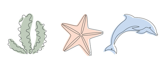 Sea set(dolphin, starfish, seaweed) drawn in one continuous line in color. One line drawing, minimalism. Vector illustration.