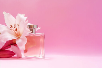 Bottle of perfume with flowers on on a pink background, lily. Generative AI