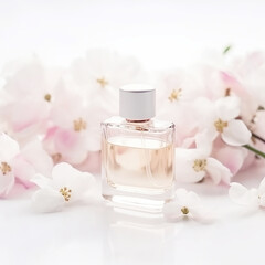 Fototapeta na wymiar Bottle of perfume with flowers on white background. Generative AI