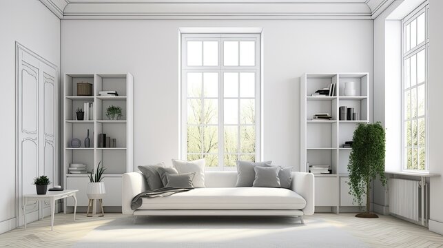 3d render of a modern white living room