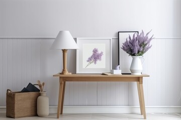 In the living room's minimalist Scandinavian decor, there is a table lamp and lavender in a white vase. Mockup frames on the wall of a living room or bedroom in a comfortable house. Generative AI