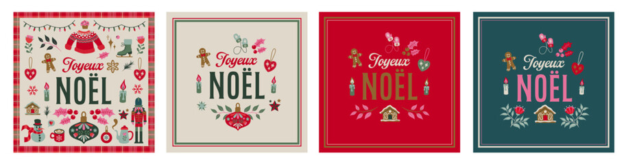 4 french greeting cards, Wish cards for christmas. Bundle icons illustrations Xmas, stars, hot chocolate, trees in a vector style.