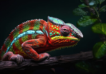 Obraz premium bello camaleon de colores subido a una rama de un arbol, sobre fondo desenfocado oscuro