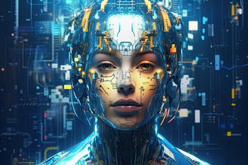 ilustración con retrato de un robot concepto de inteligencia artificial femenina, sobre fondo azul con datos de la nube - obrazy, fototapety, plakaty