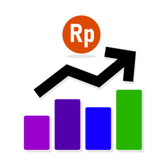 Growing graph icon with bar, Rupiah symbol and growing arrow. Growth success and progress symbol. 