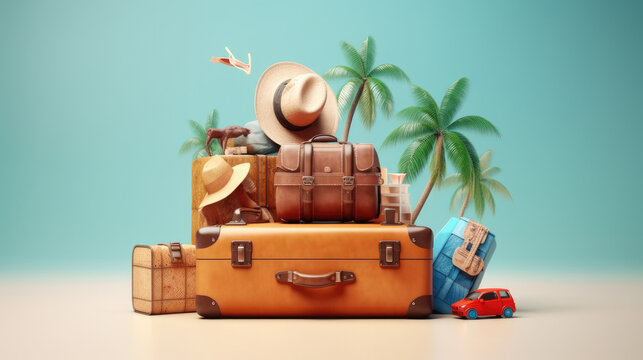  fondo abstracto conceptual con maletas de dibujos animados 3d,  palmeras, sombrero y enseres de viajes, sobre fondo verde concepto vacaciones de verano, viajes y turismo
