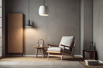 Interior design of a modern room with a chair, pillows, table, frames, and a lamp. Generative AI