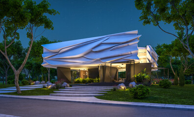3d rendering of cute cozy modern house with bionic natural curves plastic forms with parking  and pool for sale or rent with beautiful landscape. Clear summer night with many stars on the sky