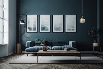 In the inside of a living room with a brown leather couch, carpet, floor lamp, and coffee table on hardwood flooring, there are two blank vertical posters on a concrete blue wall. Generative AI
