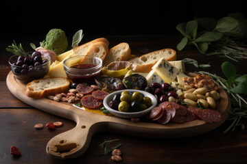 Fototapeta premium Antipasti Platter featuring Balsamic Vinegar, Extra Virgin Olive Oil, Baguette, Succulent Olives, and Sun-Dried Tomatoes - Generative AI 