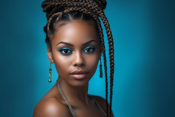 Pretty young afro-american woman with braids and fantasy makeup on the blue background. Generative AI