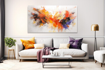  Architectural photography of modern living room in shades of gray with abstract art painting, captures the essence of vibrancy and energy. Generative Ai content