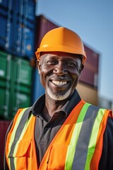 A smiling male worker wearing an orange reflective vest and a protective helmet