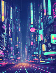 Immerse yourself in a futuristic cityscape at night, where vibrant neon lights and sleek architecture blend to create a captivating and artificial world.