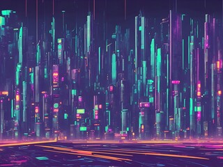 Immerse yourself in a futuristic cityscape at night, where vibrant neon lights and sleek architecture blend to create a captivating and artificial world. Generated AI.