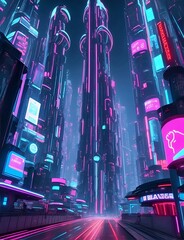 Immerse yourself in a futuristic cityscape at night, where vibrant neon lights and sleek architecture blend to create a captivating and artificial world.