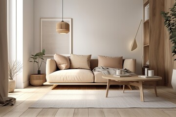 Fototapeta na wymiar Interior design of modern room with sofa, pillows, and plant. Generative AI