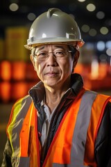 Handsome Asian industrial engineer in helmet and safety vest. Generative AI