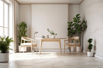 Fototapeta na wymiar Interior design of a contemporary white room with chairs, a table, and plants. Generative AI