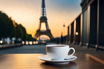 coffee cup in front of an illuminated street with the eiffel tower in the background