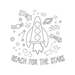 Easy coloring page of space, rocket, stars, planets in universe. Cute coloring page for kids. Children game, toddler activity. Spaceship in cosmas coloring book, page be colored. Vector illustration.