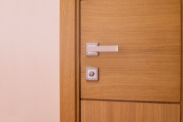 Door. Wooden door and door handle. Opening the front door.