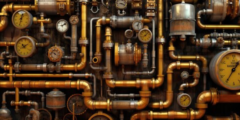 AI Generated. AI Generative. Steampunk vintage retro old pipes system. Graphic Art