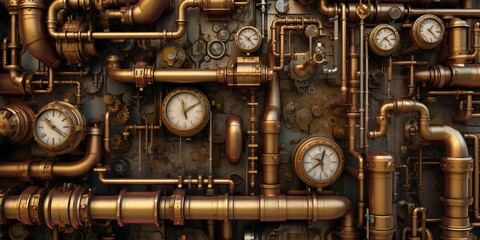 AI Generated. AI Generative. Steampunk vintage retro old pipes system. Graphic Art