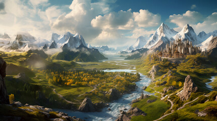 landscape in the mountains, sunny, grass, clouds, nature, landscape, mountains, Generated by Ai