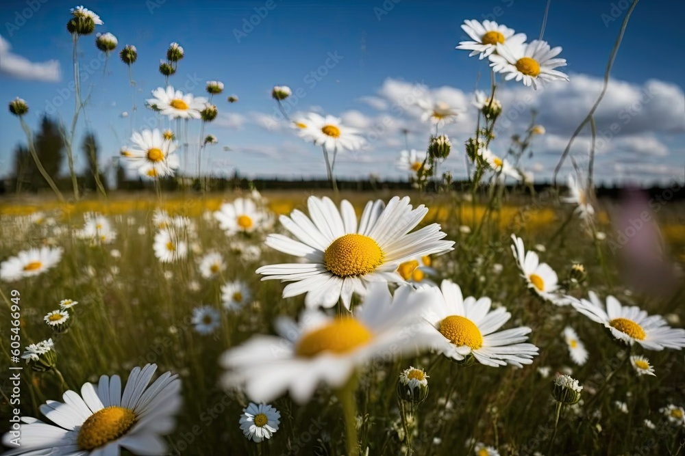 Poster colorful meadow filled with white and yellow flowers. generative ai