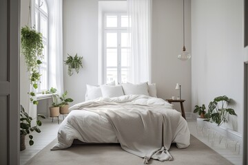 In the morning at home, there is a double bed with soft white bedding, a light with a plant, furniture, and accessories. Sale of real estate, brand new flat, and modern, minimalist Generative AI