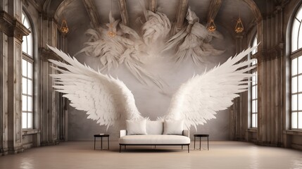 Ethereal Majesty: Ultra-Realistic Extra Large White Angel Wings as a Digital Backdrop in a Rustic Palace with Cinematic Lighting (Ultra-Wide Shot)