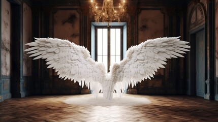 Ethereal Majesty: Ultra-Realistic Extra Large White Angel Wings as a Digital Backdrop in a Rustic Palace with Cinematic Lighting (Ultra-Wide Shot)