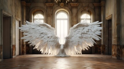 Ethereal Majesty: Ultra-Realistic Extra Large White Angel Wings as a Digital Backdrop in a Rustic Palace with Cinematic Lighting (Ultra-Wide Shot)