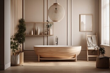 Interior of a bathroom with a white tub, a chair filled with body care items, and a lamp in the shape of a grape hanging above it. lightweight wood Toned picture. a mockup. Generative AI