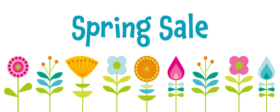 Spring Sale - Schriftzug in englischer Sprache - Frühlingsverkauf. Verkaufsbanner mit Fantasieblumen in Pastellfarben.