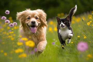 playful dog and cat frolicking in a vibrant field of blooming flowers. Generative AI