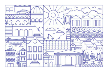Geometric city landscape line banner. Simple outline urban town building park sea recreation zone. Vector illustration