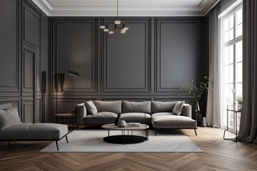Interior in modern classic gray with wooden floor and wall panels. mock up for an illustration. Generative AI