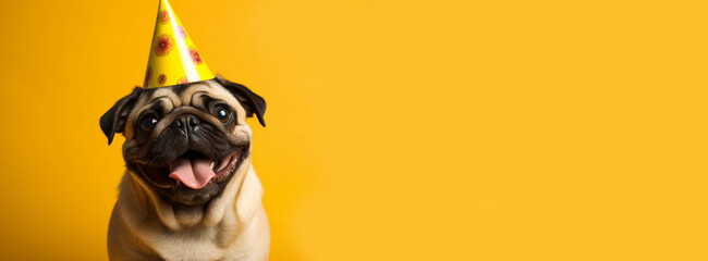Website banner of pug pet with a happy face at funny birthday party wearing colourful hat yellow background. Holidays celebrations concept. Advertising postcards. Generative AI Technology