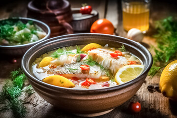 Fish soup. Fish soup kachukko, with sea products, tomatoes and lemon. generative ai

