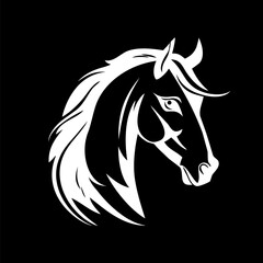 A stylized black and white horse head logo template with a black background
